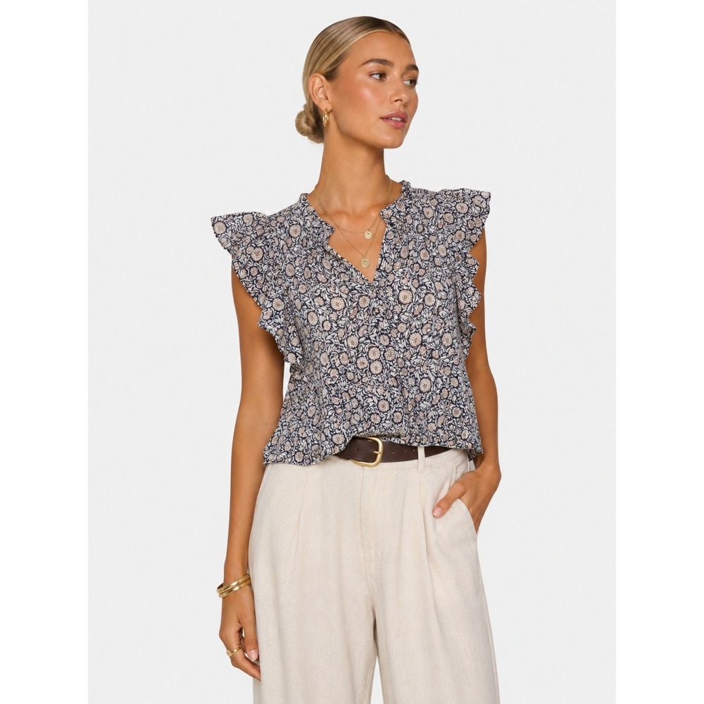 La Vie Rebecca Taylor Blue Floral Boho 100% Cotton Flutter Sleeve Blouse XS